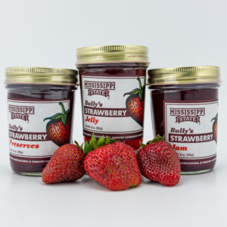 9 oz strawberry preserves, 9 oz strawberry jelly, 9 oz strawberry jam with strawberries in the foreground