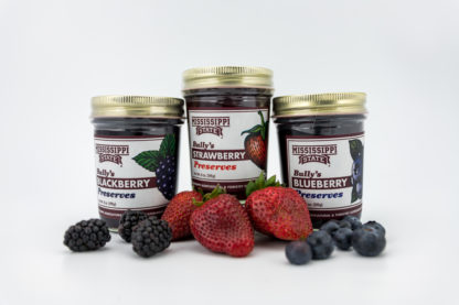 9 oz blackberry preserves, 9 oz strawberry preserves, 9 oz blueberry preserves surrounded by fruit
