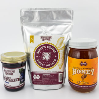 9 oz jar of blueberry jam, 10.25 oz of sweet potato coffee, and 22 oz of wildflower honey