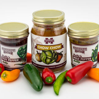 9 oz five pepper jelly, 16 oz mild chow chow, 9 oz five-pepper jelly surrouded by peppers