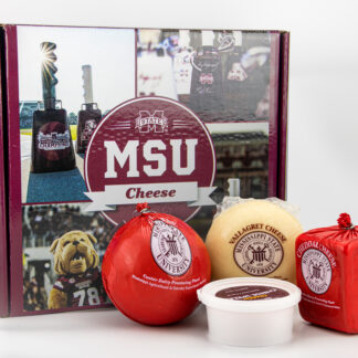 Maroon gift pack box with cheddar, vallagret, edam, and jalapeno spread