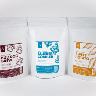 Three bags of coffee: Bulldog Brew, Blueberry Cobbler, Sweetpotato